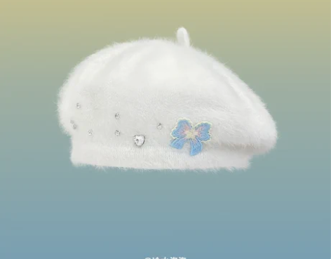 千禧甜妹~少女可爱蝴蝶结仿兔毛毛绒贝雷帽子...