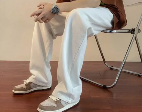 重磅棉白色修身高街裤子男牛仔裤直筒裤潮流百...