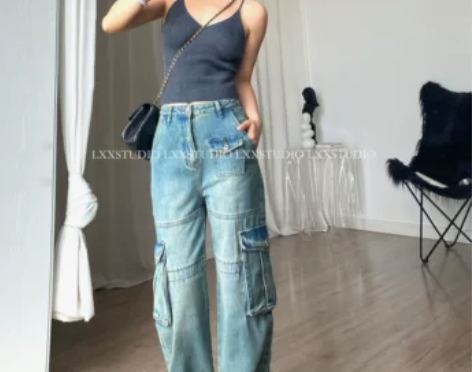 Lxx秋季新款 小个子福音 蓝色工装牛仔裤...