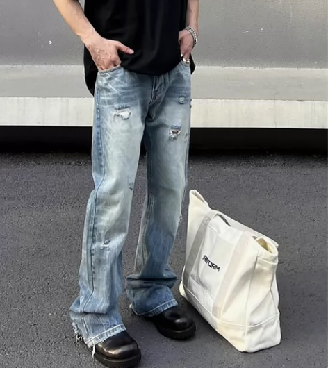 新款美式复古直筒微喇叭破洞牛仔裤男款高街v...