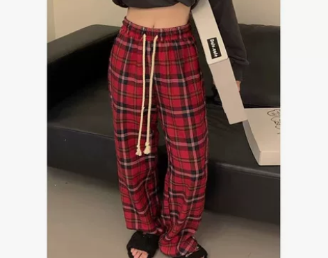 日系抽绳红格子休闲裤女秋冬高腰直筒阔腿裤复...
