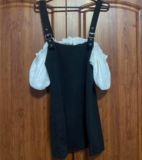 法式小众设计一字领泡泡袖连衣裙轻熟风假两件...