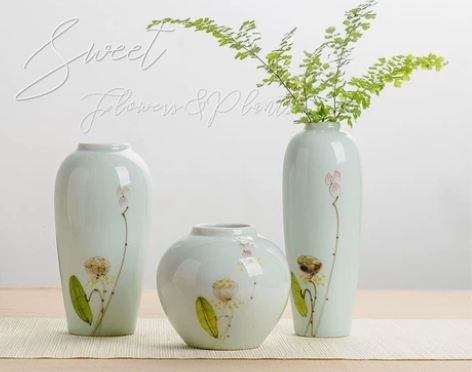 全新 景德镇陶瓷手绘莲花小花瓶茶室摆件干花...