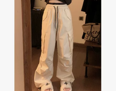 kumikumi甜酷风粉色工装裤女松紧腰抽...