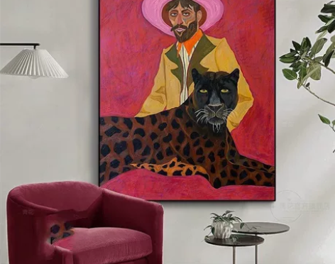 清仓！！小众美式粉红帽子手绘油画客厅玄关装...