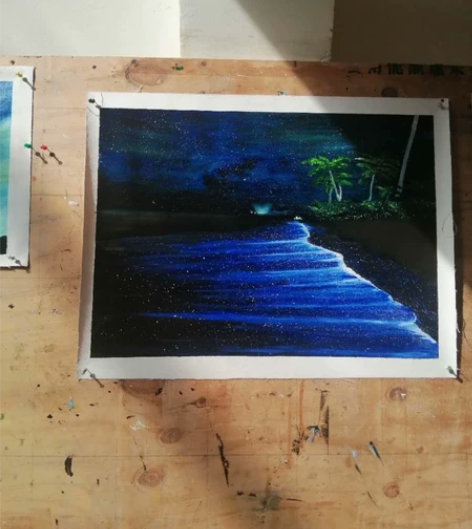 荧光沙滩油画，纯手绘油画刚画的荧光沙滩油画...
