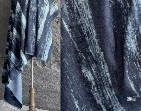深蓝色河流印花高档牛仔布料创意
