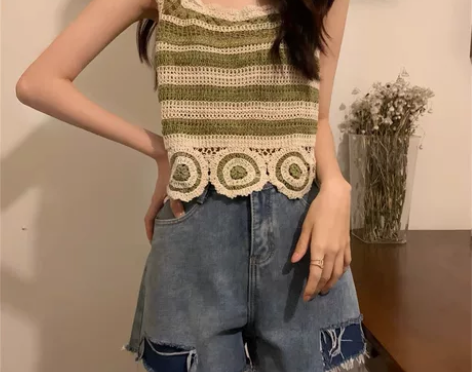 复古条纹针织吊带背心女内搭夏季设计感网红镂...