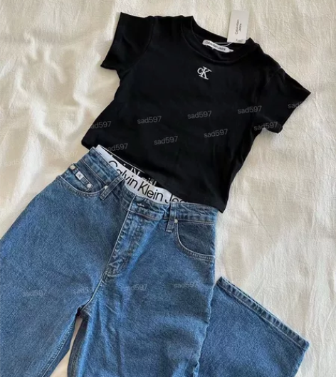 jennie同款ck双腰头牛仔裤＋CK螺纹...