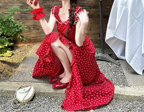 Q女家 红莓覆盆子/巨显白!飞袖长款度假出...
