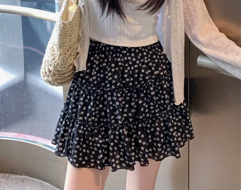 韩系黑色碎花半身裙子女夏季小众复古芭蕾风松...