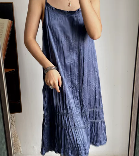 古着Vintage连衣裙吊带裙缎面褶皱气质...