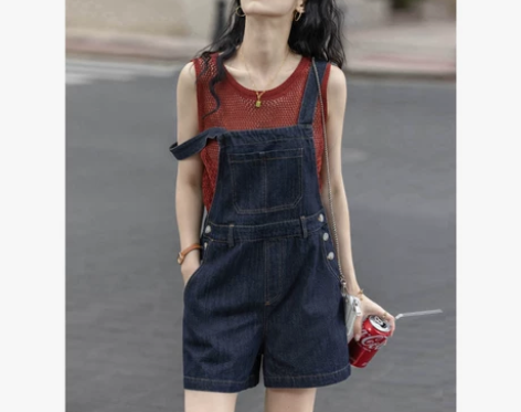 ?苏眠复古蓝色牛仔背带裤2023年夏季宽松...