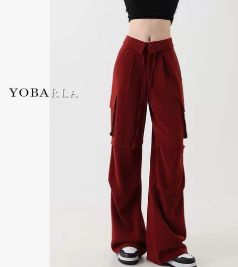 酒红工装直筒裤｜红色休闲阔腿工装裤女秋冬大...