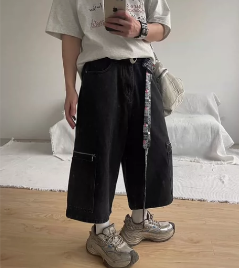闲置全新 复古水洗黑灰牛仔七分裤男春夏宽松...