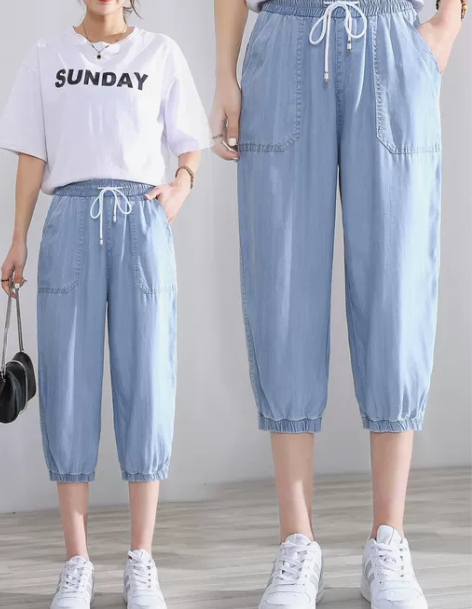 天丝牛仔七分裤女薄款高腰六分夏季大码胖mm...