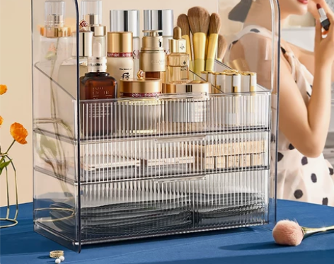 化妆品收纳盒轻奢防尘箱大容量抽屉梳妆台粉饼...