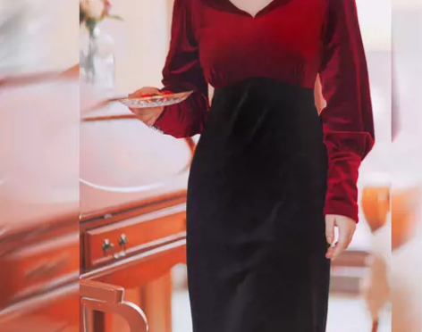 ?黑茉莉与甜酒 红夜 复古黑红拼接丝绒修身...