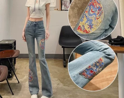 国潮刺绣微喇牛仔裤女夏装2024新款高腰小...