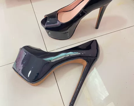 #高跟鞋闲置14.5厘米鱼嘴鞋漆皮恨天高防...