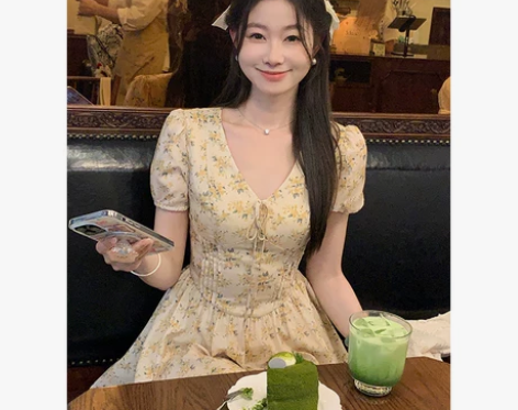 新中式国风EIA一尧甜茶少女法式碎花连衣裙...