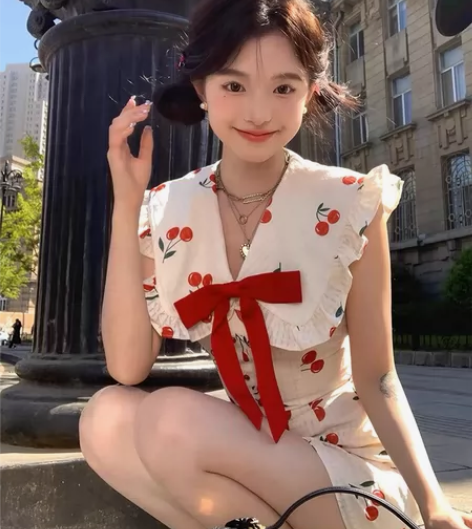 Acaine中长款小飞袖v领收腰无袖连衣裙...