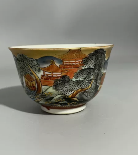 日本带回，金标九谷岳阳，山水风景，杯子有一...