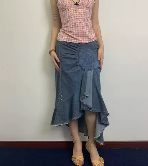 【现货】2026 数字贴布不规则鱼尾牛仔裙...