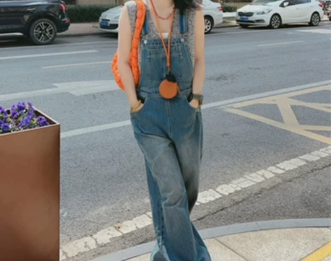 美式复古牛仔背带裤女2024夏季新款宽松小...