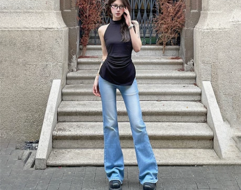 DUSKLIT浅蓝色中低腰微喇牛仔裤女夏季...