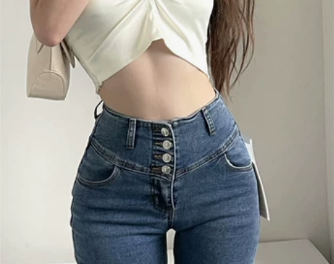 秋冬新品 高弹力高腰四排扣牛仔长裤女紧身显...