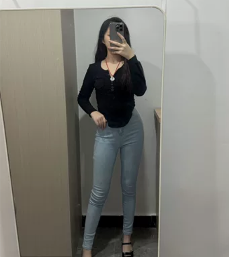 欧美风高腰蜜桃臀基础弹力浅蓝牛仔长裤女紧身...