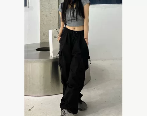 黑色阔腿裤夏季薄款女高腰小个子美式工装裤宽...