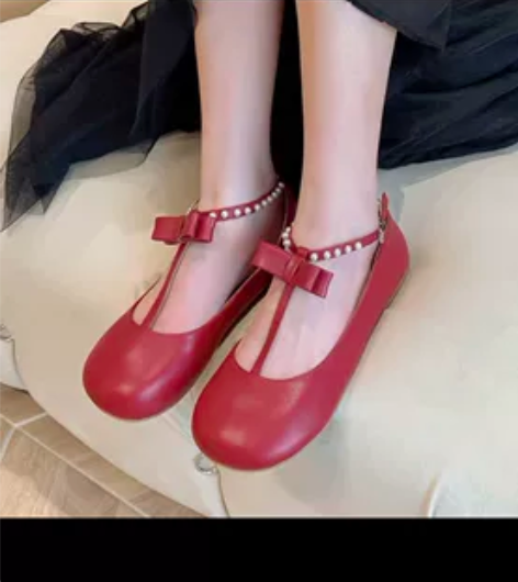 33码全新红色牛皮真皮玛丽珍珍珠带 不是真...