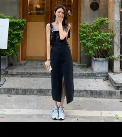 开叉牛仔背带裙女中长款2024年夏季新款高...