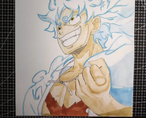 作品：路飞尼卡型态 用马克笔加彩铅所绘制的...