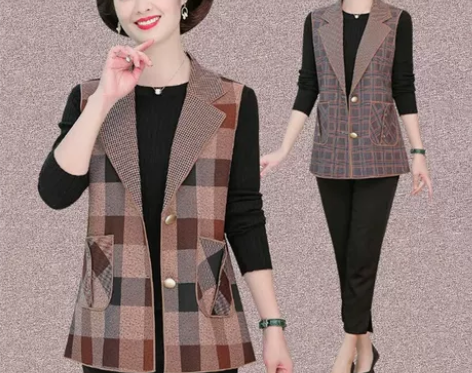 妈妈早秋薄款格子马甲中老年女装单层短款坎肩...