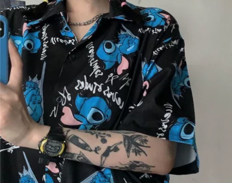 史迪仔印花衬衫2024年夏季卡通宽松百搭港...