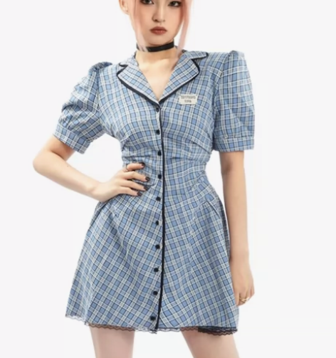 APEA新款甜酷辣妹设计感西装领时尚格子排...