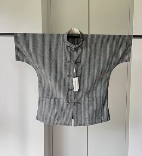 唐装男款灰色条子短袖老粗布面料传统设计连袖...