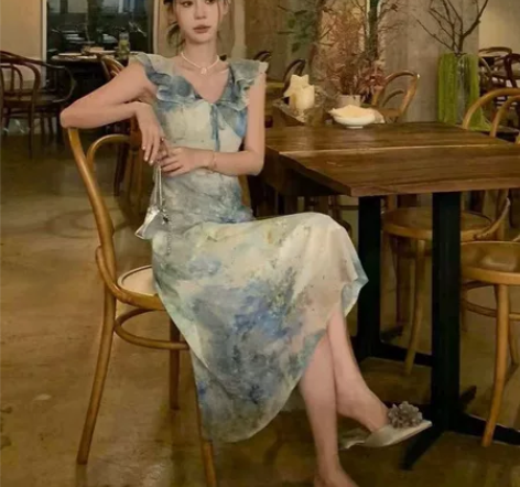 SYJ/法式辣妹荷叶边晕染连衣裙女高级感收...