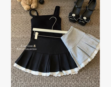 拼接半身裙女夏季百褶裙防走光黑色短裙