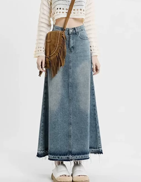 复古蓝牛仔半身裙女毛边高腰设计感大码胖mm...