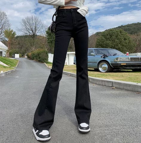 高腰黑色微喇叭牛仔裤女夏天新款小个子夏季薄...