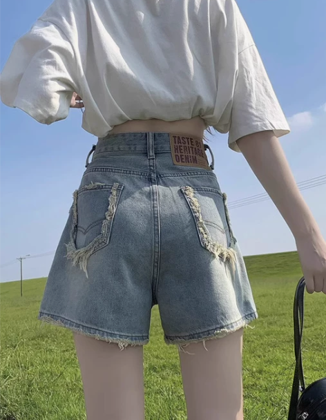 拉夏贝尔浅色毛边牛仔短裤女夏季2024新款...