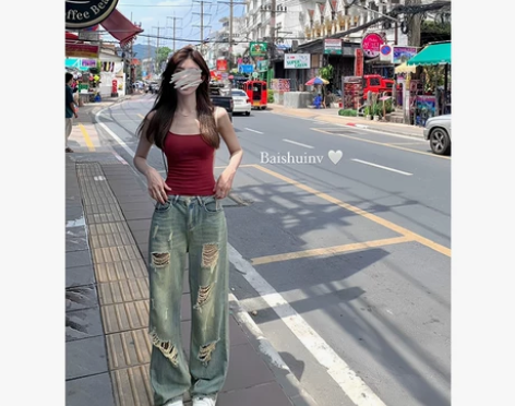 白水女做旧破洞牛仔裤女夏季薄款宽松设计感直...