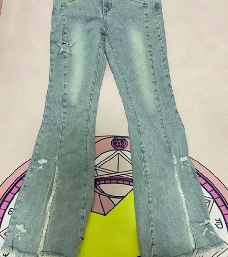 二十一碗饭 星愿破洞微喇牛仔裤 L码 穿一...