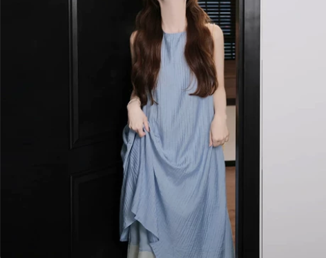 【狂欢价】蓝色无袖背心吊带连衣裙子女夏季2...