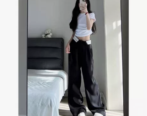 黑色翻边垂感阔腿西装裤女高腰显瘦设计感工装...