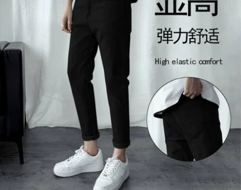 夏季薄款弹力修身小脚牛仔裤男士黑色九分裤子...